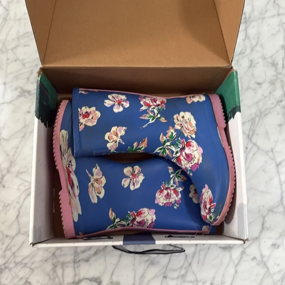 Joules Roll Up Blue Floral Wellingtons Rain boots Sz 3 Junior